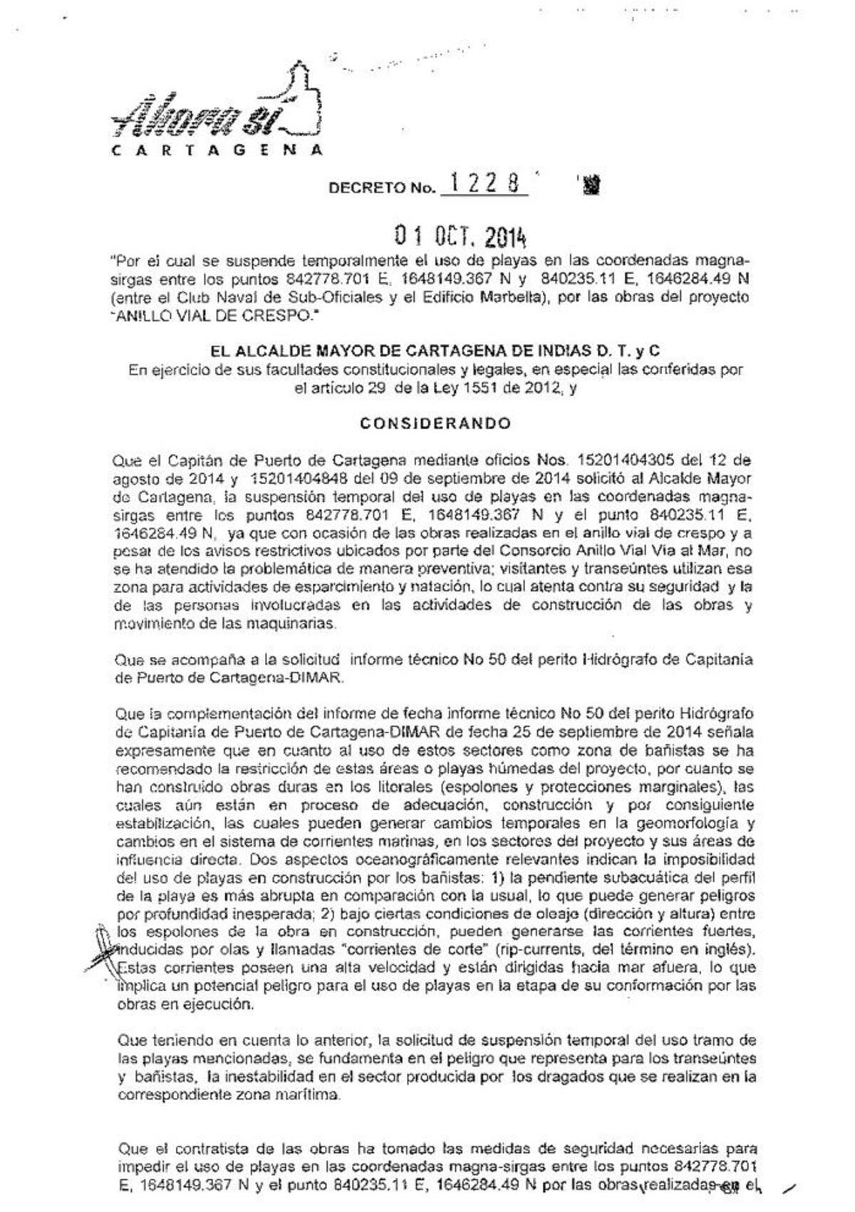Decreto expedido por la Alcaldía. Página1.