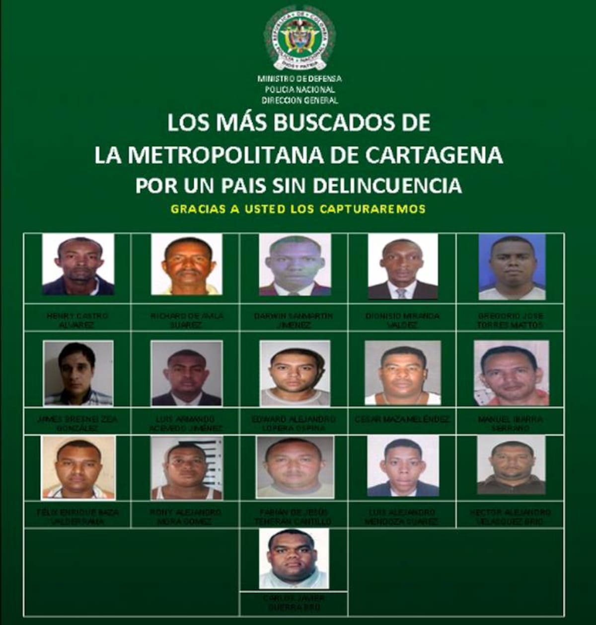 Los 16 más buscados en Cartagena. CORTESÍA MECAR