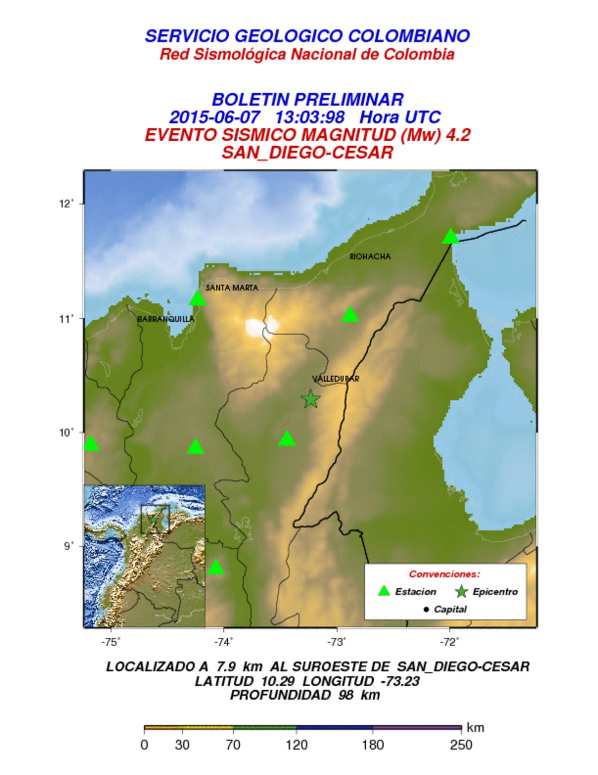 Según reportó el Servicio Geológico Colombiano, a las 8 de la mañana se presentó un sismo de 4.2 grados de magnitud en el departamento del Cesar. Servicio Geológico Colombiano