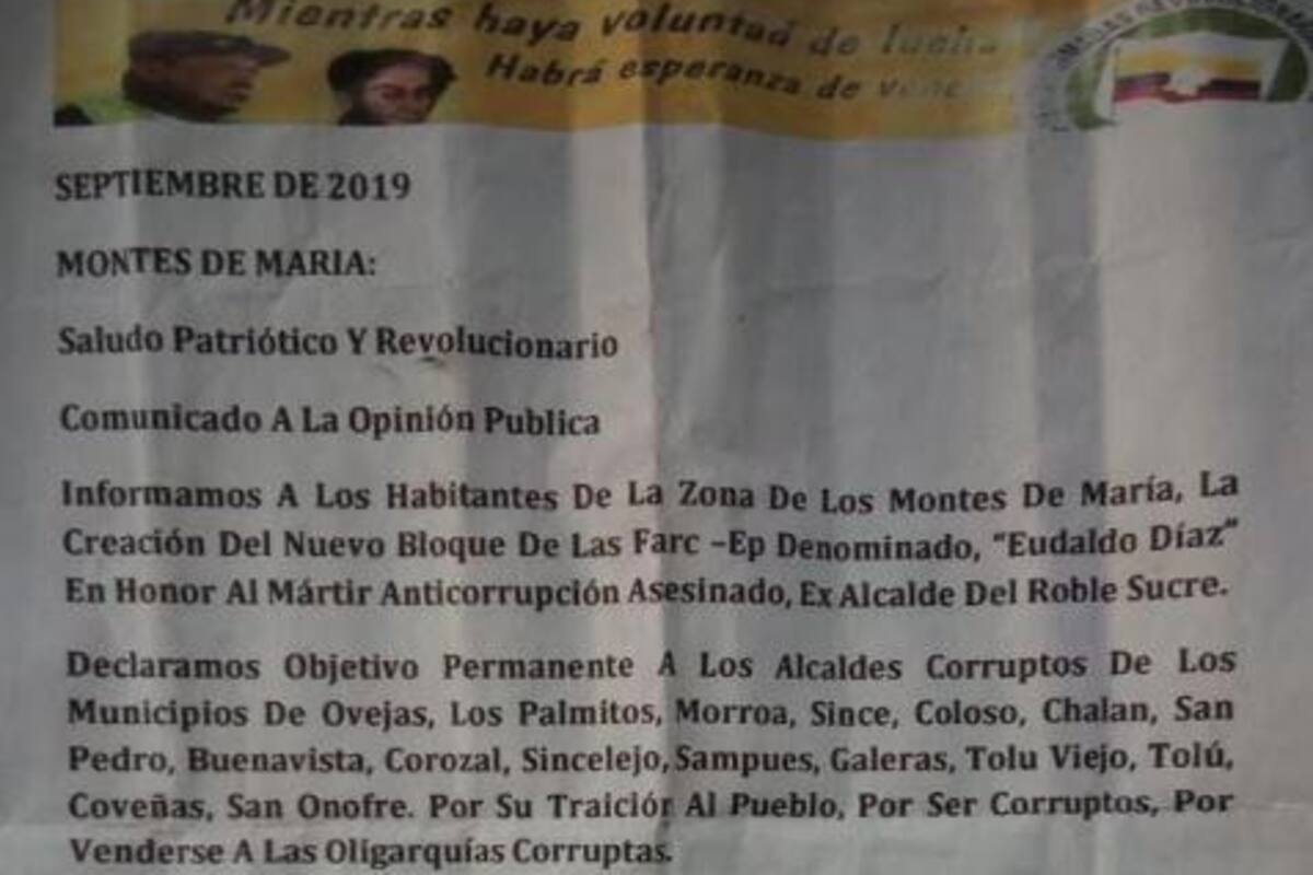 Autoridades investigan panfleto de supuesto bloque de las Farc en Montes de María