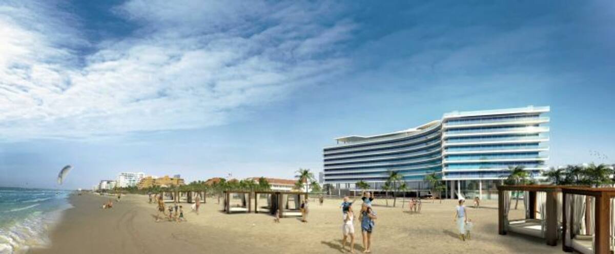 La imagen recrea virtualmente el diseño del hotel antes de su construcción. Nando Madrid señaló que en la playa hay algunos mobiliarios como asoleadoras y sillas. ARCHIVO