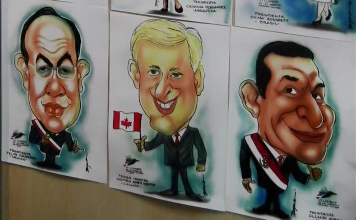 Caricaturas de los presidentes de México, Canadá y Perú. ALEXANDRA CLAVIJO - ELUNIVERSAL.COM.CO