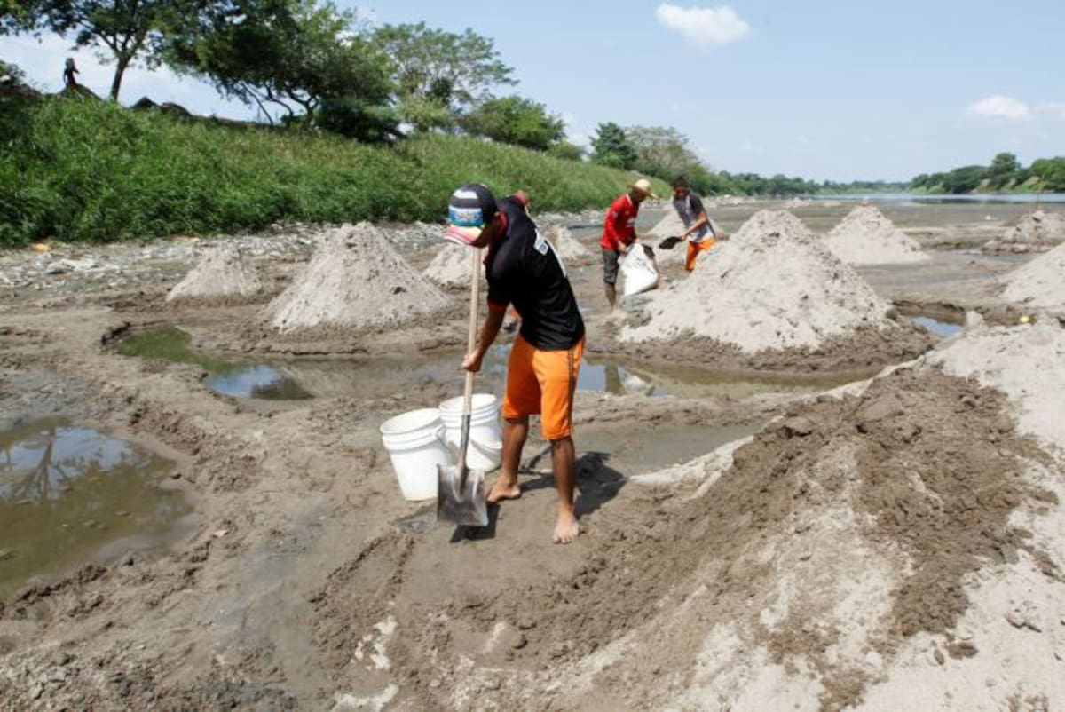 En Mompox los hombres aprovechan para sacar pilas de arena y venderlas en las construcciones. El bajo caudal ha ocasionado también enfermedades, pues el agua no se filtra bien y llega sucia a las casas. //JULIO CASTAÑO-EL UNIVERSAL.