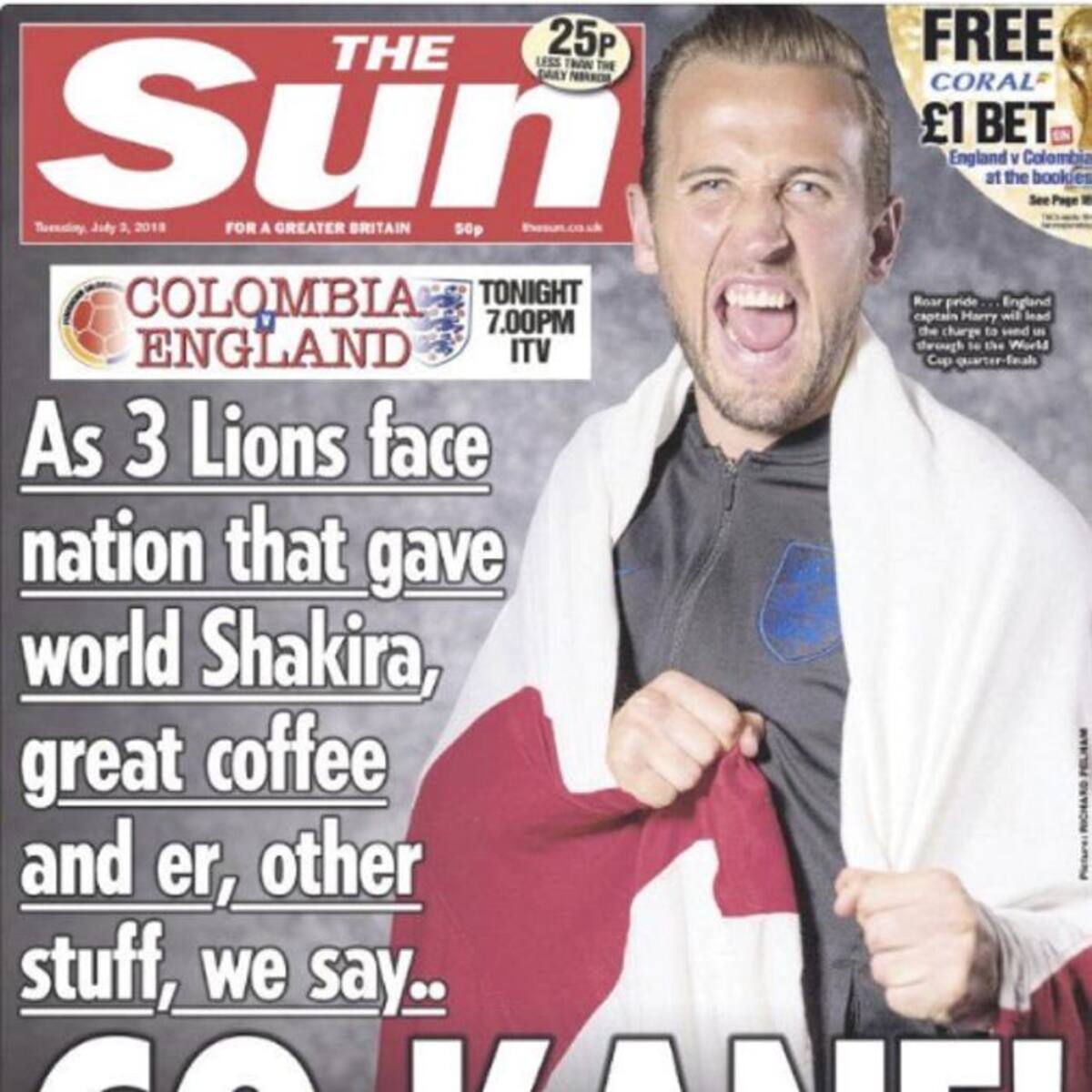 La portada del diario The Sun hoy para hablar sobre el encuentro Inglaterra - Colombia. Internet