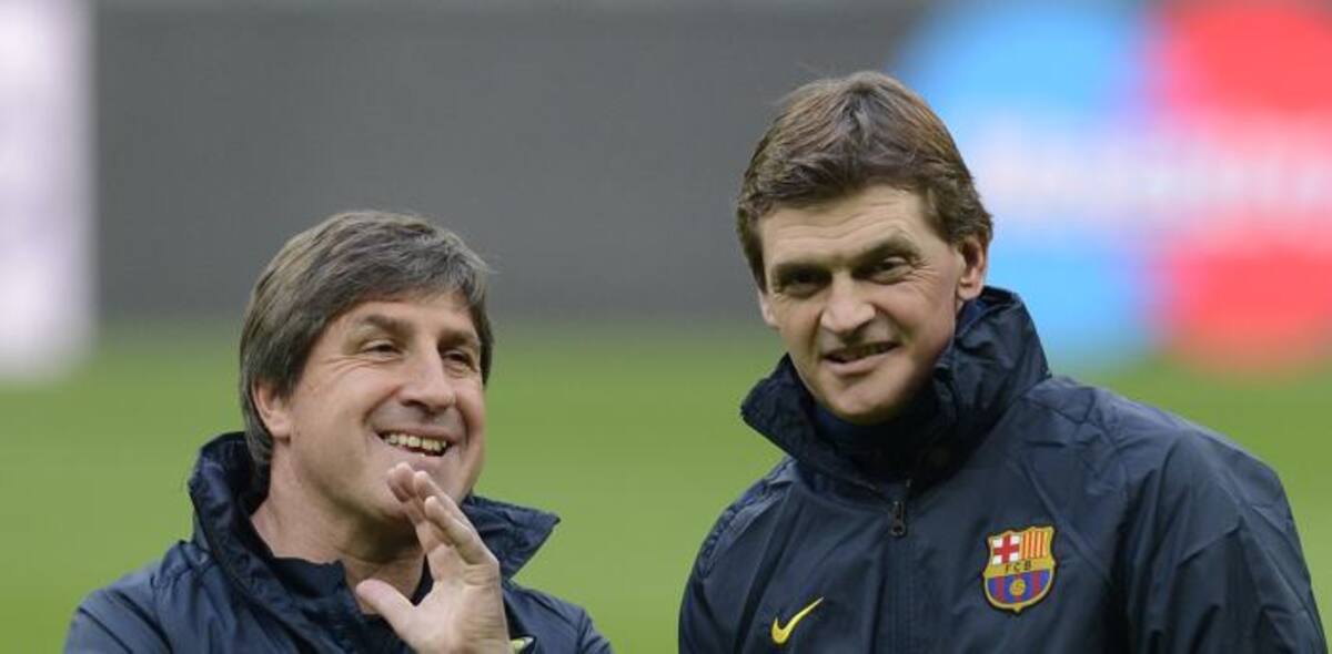El asistente Jordi Roura junto al entrenador del Barcelona Tito Vilanova. AFP CHRISTOF STACHE