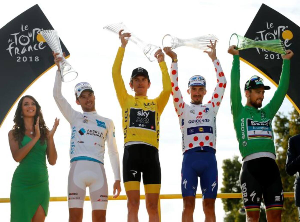 Geraint Thomas y los otros ganadores de las clasificaciones individuales del Tour de Francia. AP Christophe Ena