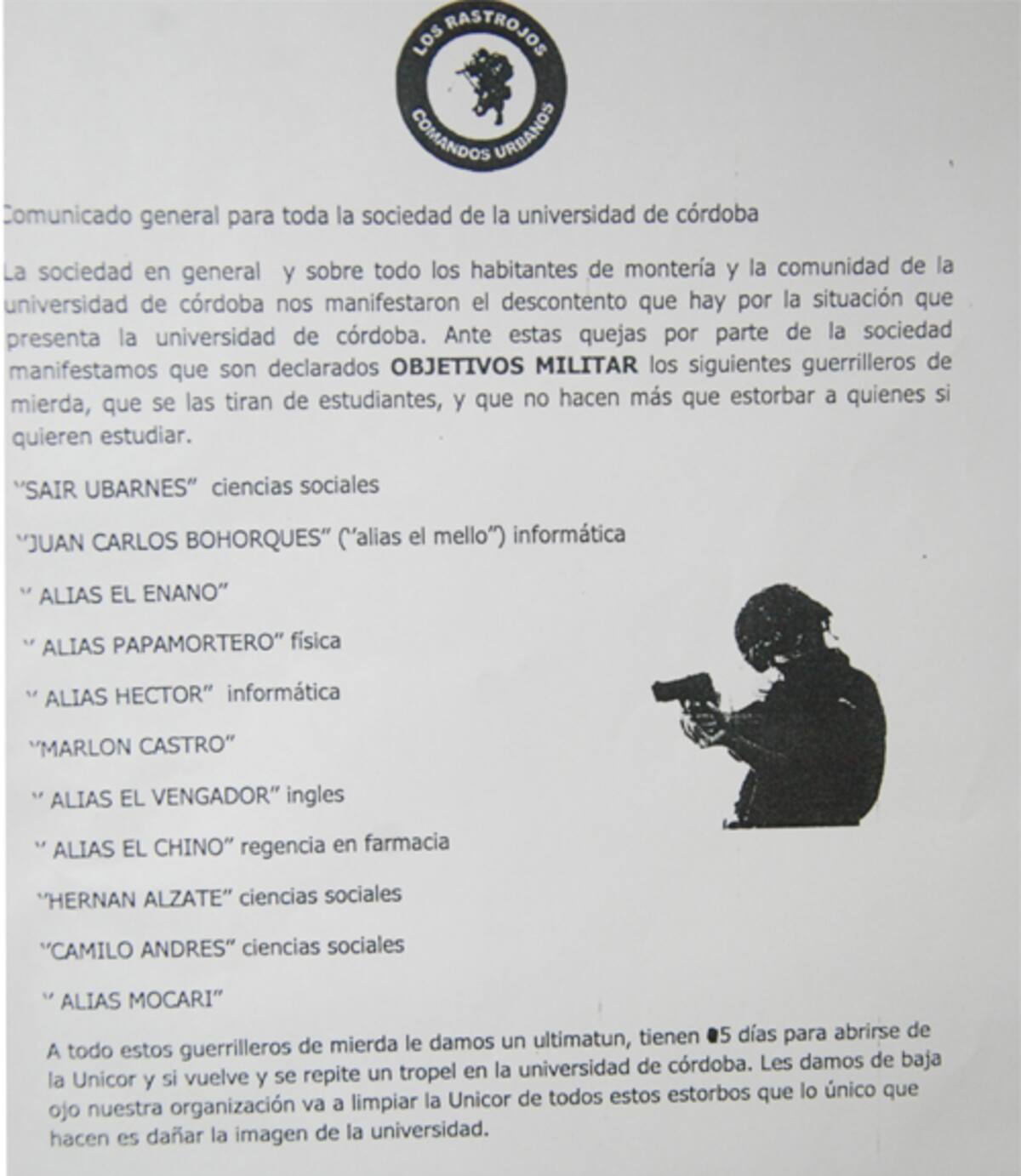 Facsímil del panfleto en que amenazan a 11 estudiantes de la Universidad de Córdoba.