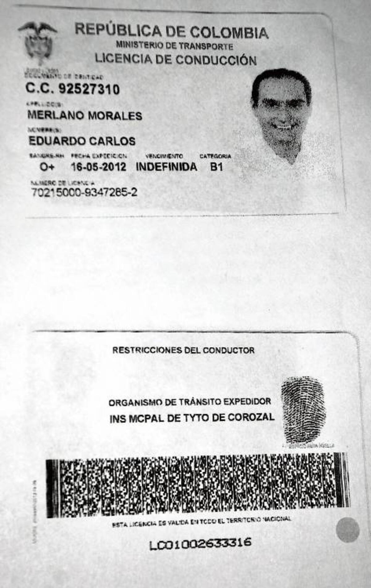 Esta es una copia de la licencia de conducción del senador Eduardo Merlano, la cual fue expedida el miércoles 16 de mayo del 2012.