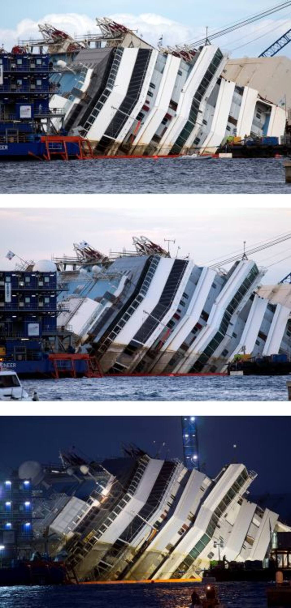 A las nueve horas de la operación el crucero se enderezó 13 grados. AP Andrew Medichini