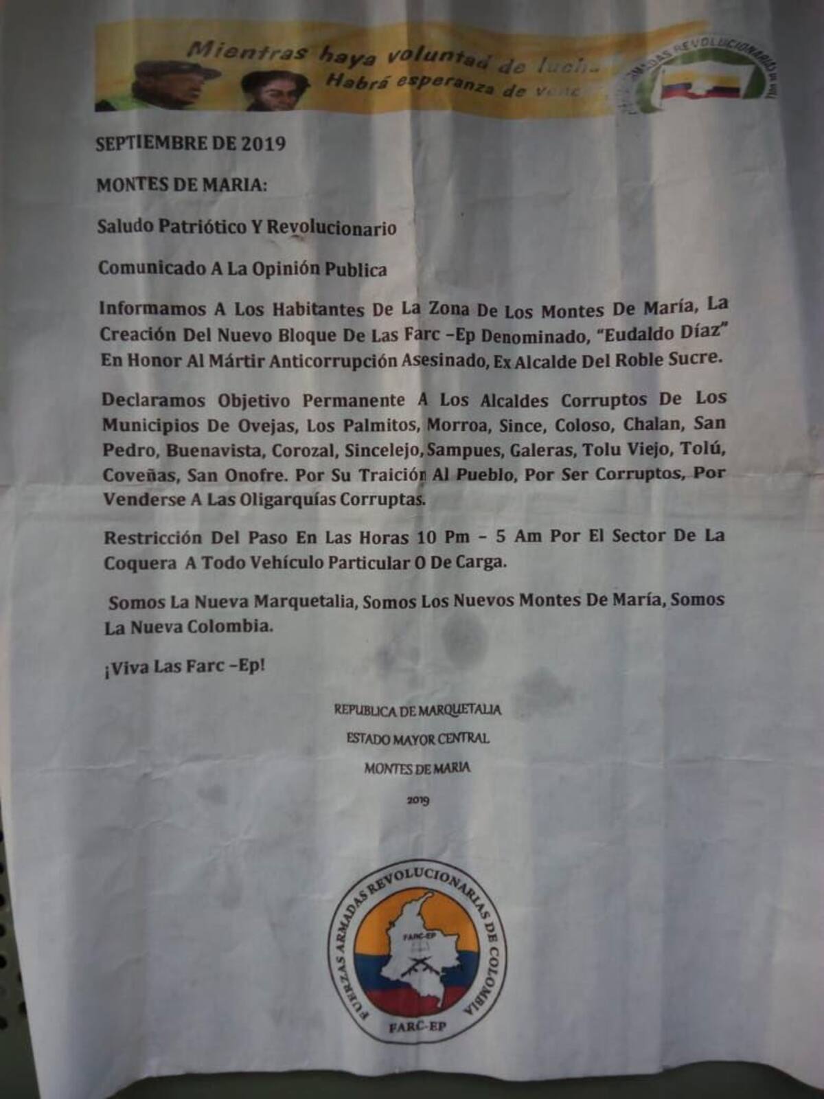 Este es el panfleto que mostró el senador Uribe en Twiter.