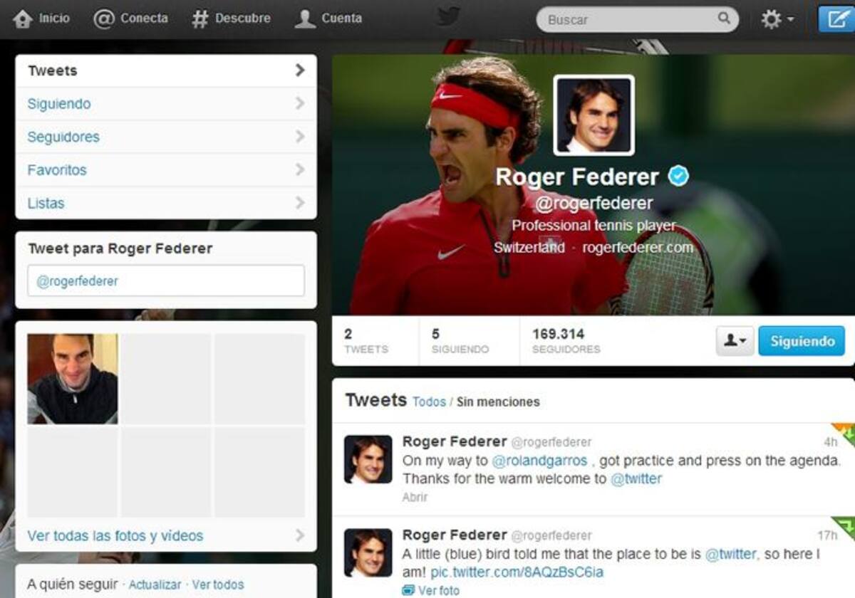 A solo horas de haber abierto su cuenta oficial de Twitter, Roger Federer ya cuenta con 169.314 seguiores.
