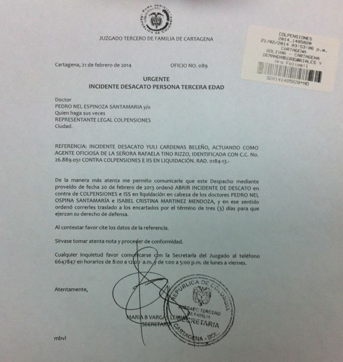 Una tutela y un incidente de desacato tiene Colpensiones por este caso.