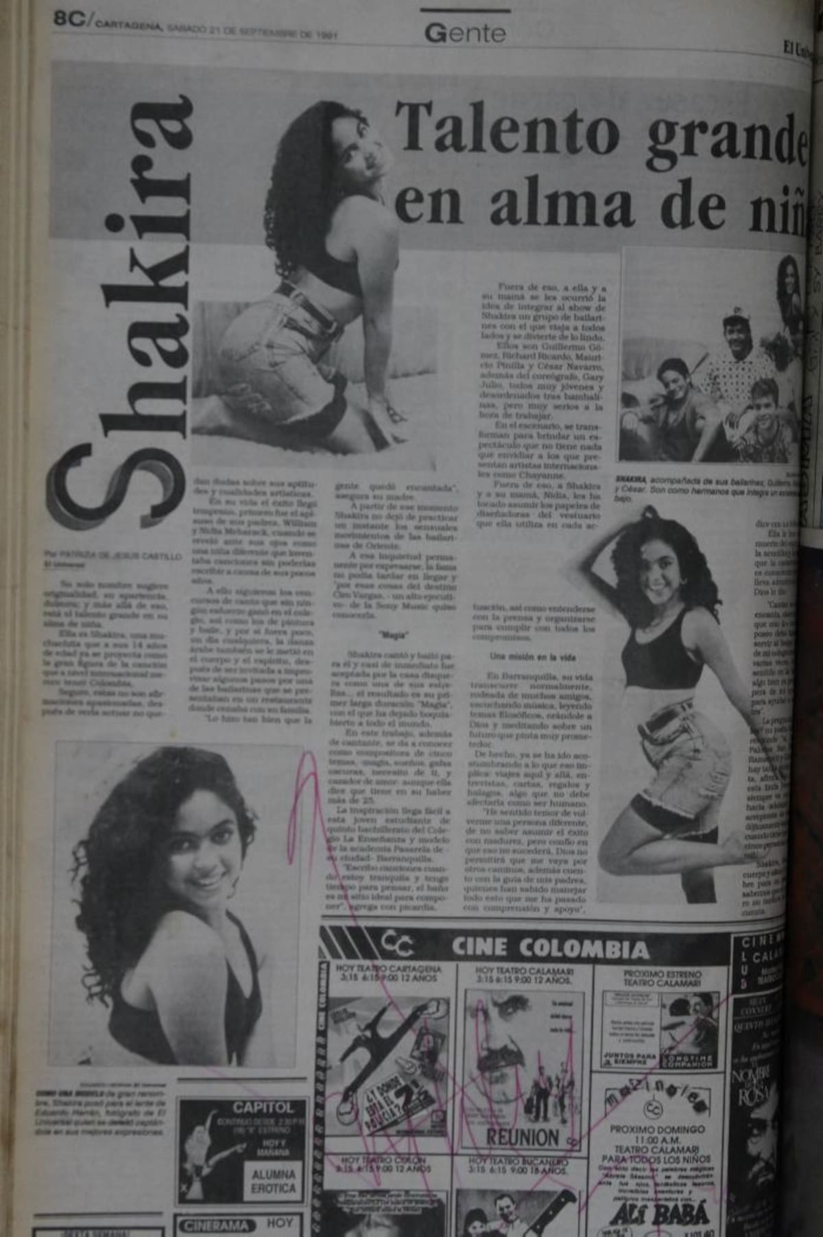 Página sobre la niña cantante Shakira, publicada en septiembre 21 de 1991, escrita por Patrizia Castillo Torres. Archivo/Eduardo Herrán Garavito