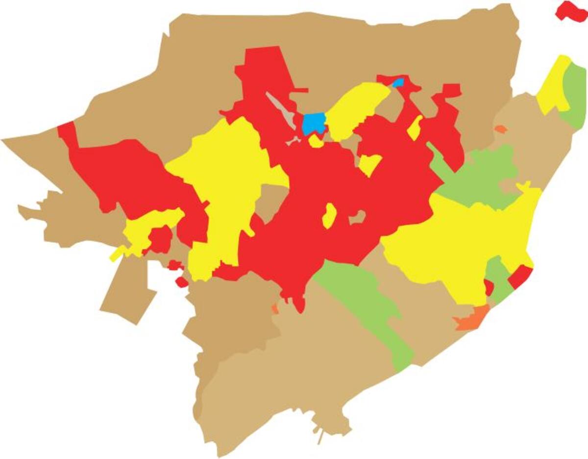 Verde: áreas cuyo levantamiento topográfico fue efectuado por el Incoder y aprobado por el IGAC. Amarillo: levantamiento aprobado con algunas observaciones. Rojo: levantamiento no aprobado. Azul: foto-identificación pendiente de validación. Naranja: pendientes por levantamiento topográfico. Cortesía.