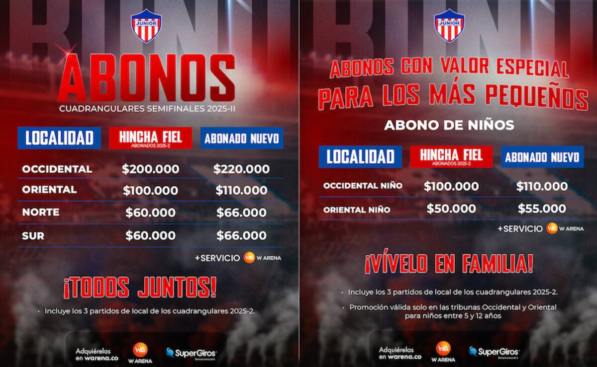 Estos son los valores de los abonos que puesto a la venta Junior de Barranquilla para los tres partidos que jugará como local en el cuadrangular semifinal.//Cortesía.