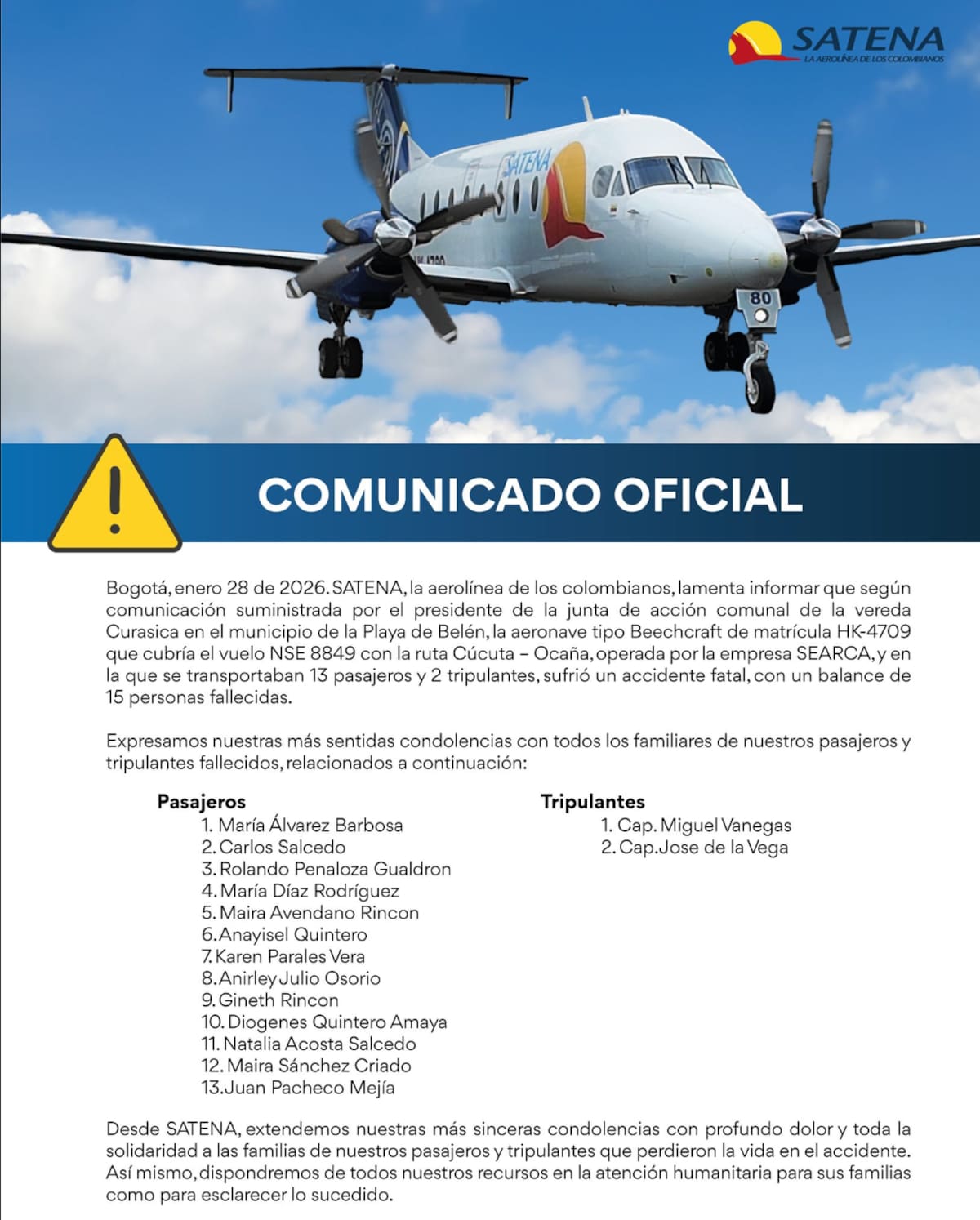 Accidente de avioneta de Satena deja 15 personas fallecidas en Norte de Santander. // comunicado de Satena
