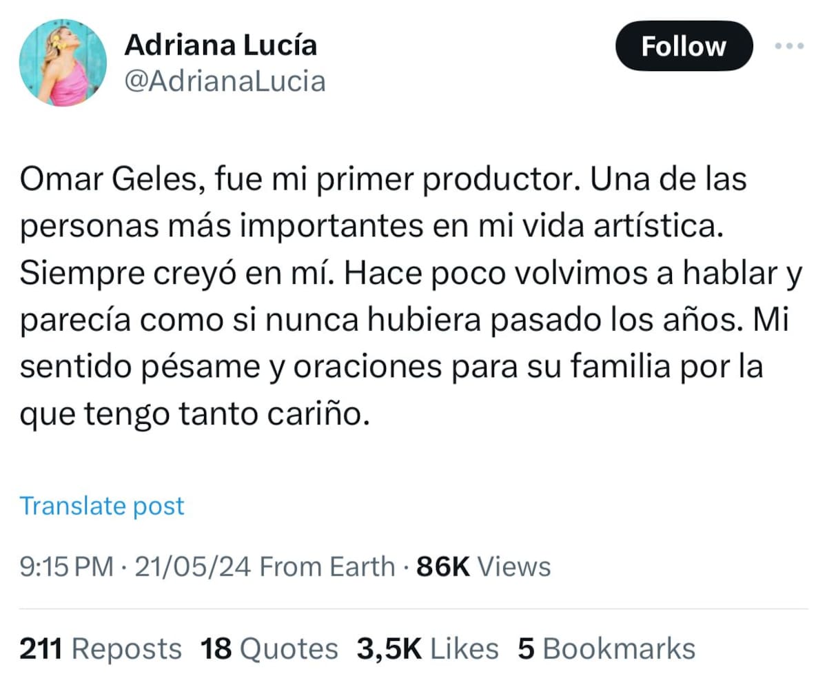 Adriana Lucia le dedica sentidas palabras a Omar Geles, quien falleció a los 56 años. //Foto: tomada de X.