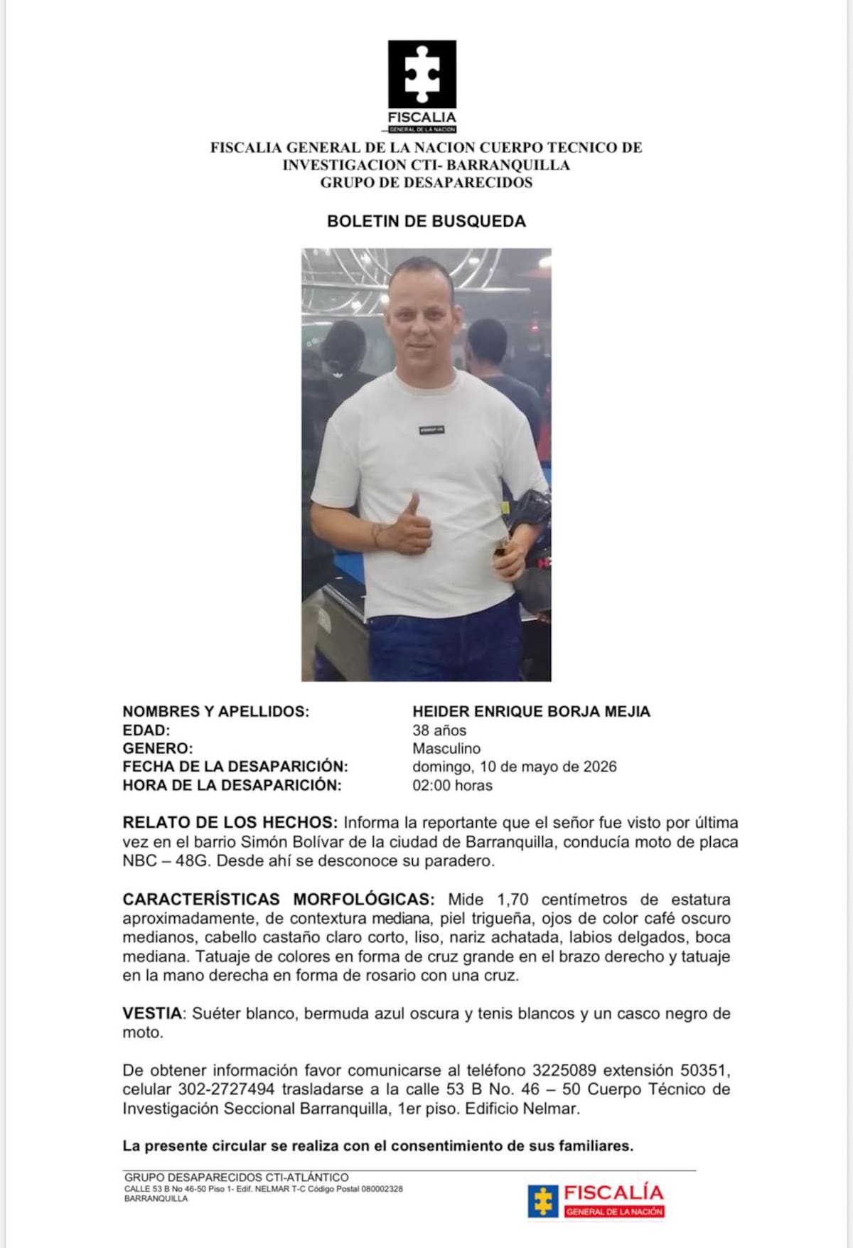 Afiche de búsqueda de Heider Enrique Borja Mejía, antes de ser encontrado muerto. // Foto: CTI de la Fiscalía