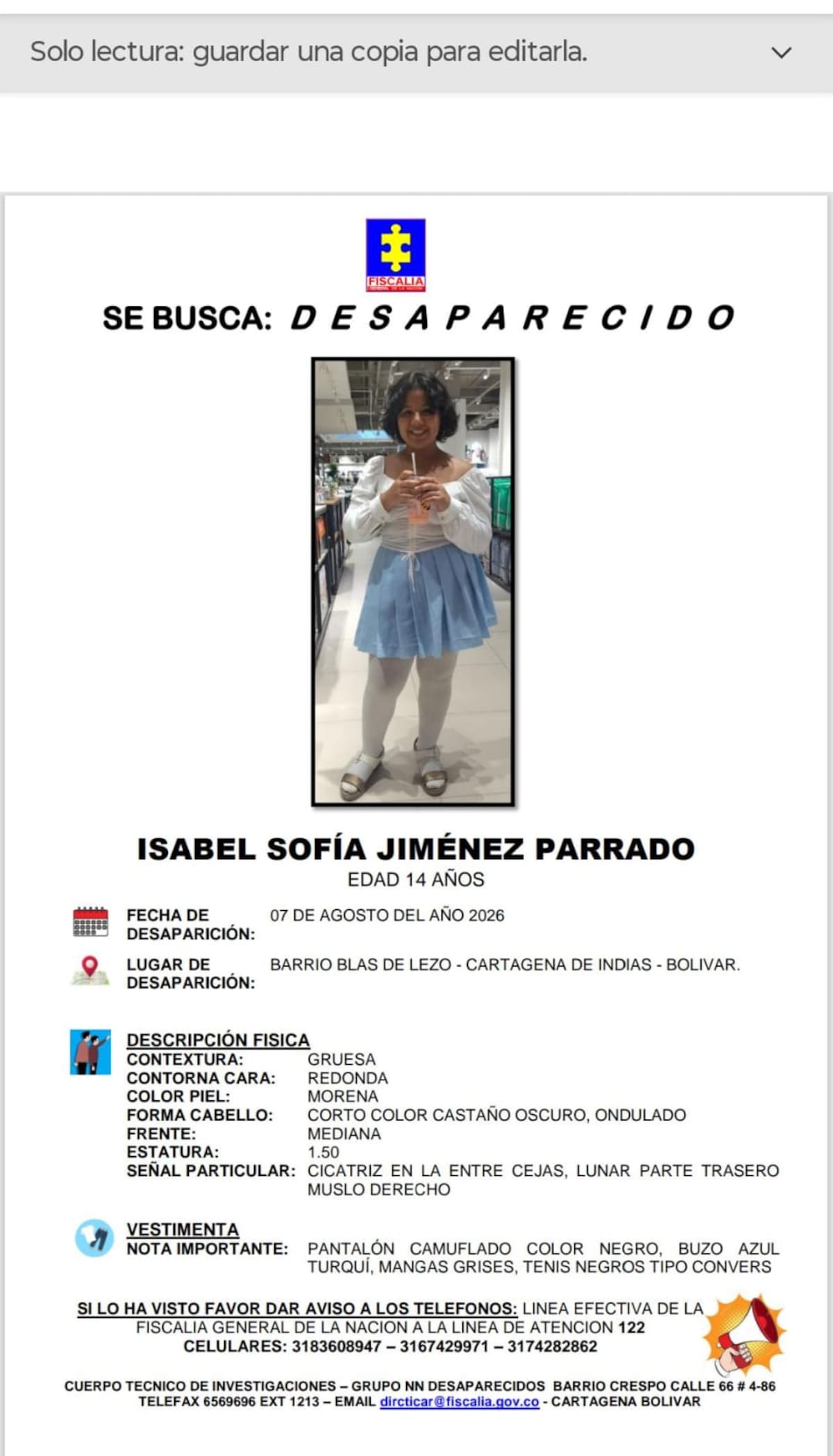 Afiche de búsqueda de Isabel Sofía Jiménez Parrado.