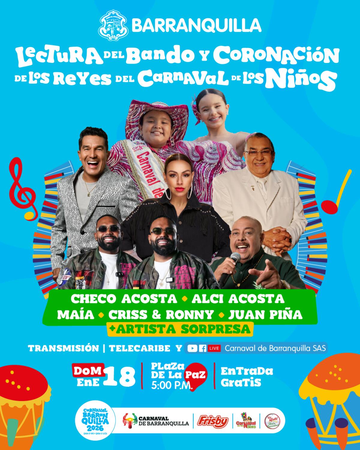 Afiche promocional de la coronación de Joshua Ortiz y Sharon Acosta, como Reyes del carnaval de los Niños 2026.//Cortesía Carnaval de Barranquilla.