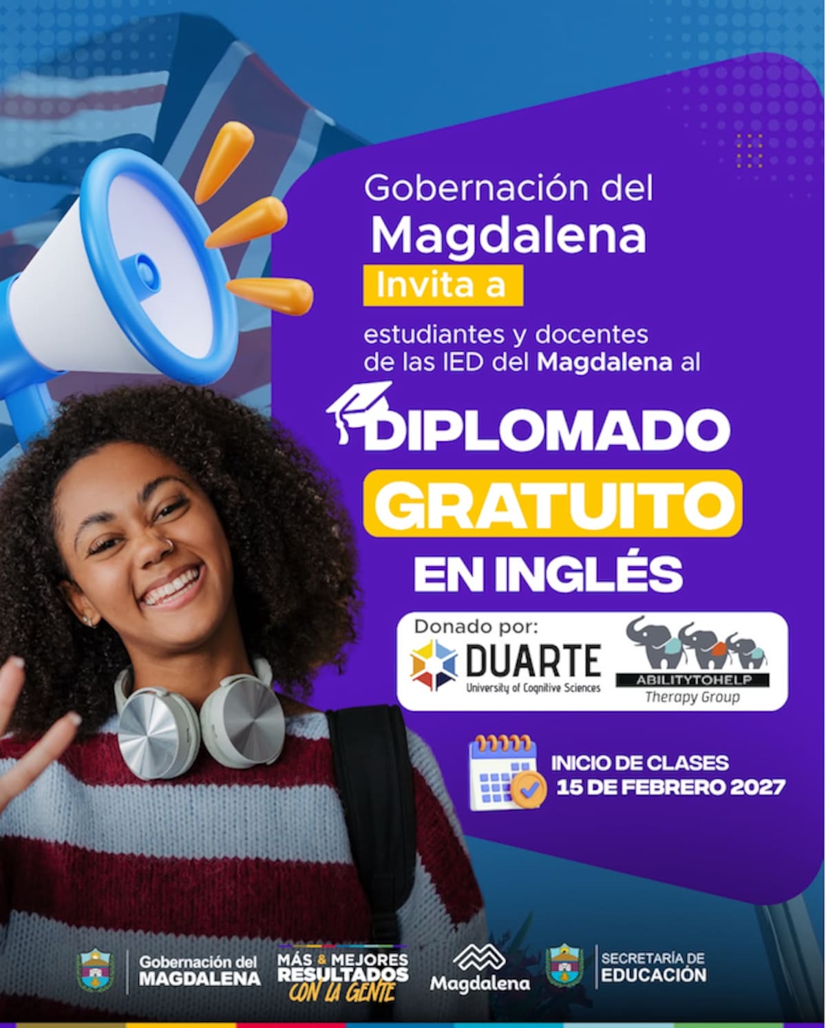Afiche promocional de la Gobernación del Magdalena promueve aprender inglés sin pagar matrícula y desde cualquier lugar del departamento para estudiantes mayores de 13 años y docentes del Departamento.//Cortesía DCDGDM.