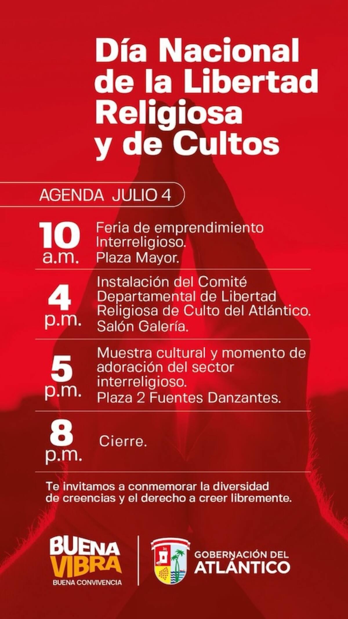 Esta es la agenda del Día nacional de la Libertad Religiosa y de Cultos que celebrará la Gobernación del Atlántico..//Cortesía.