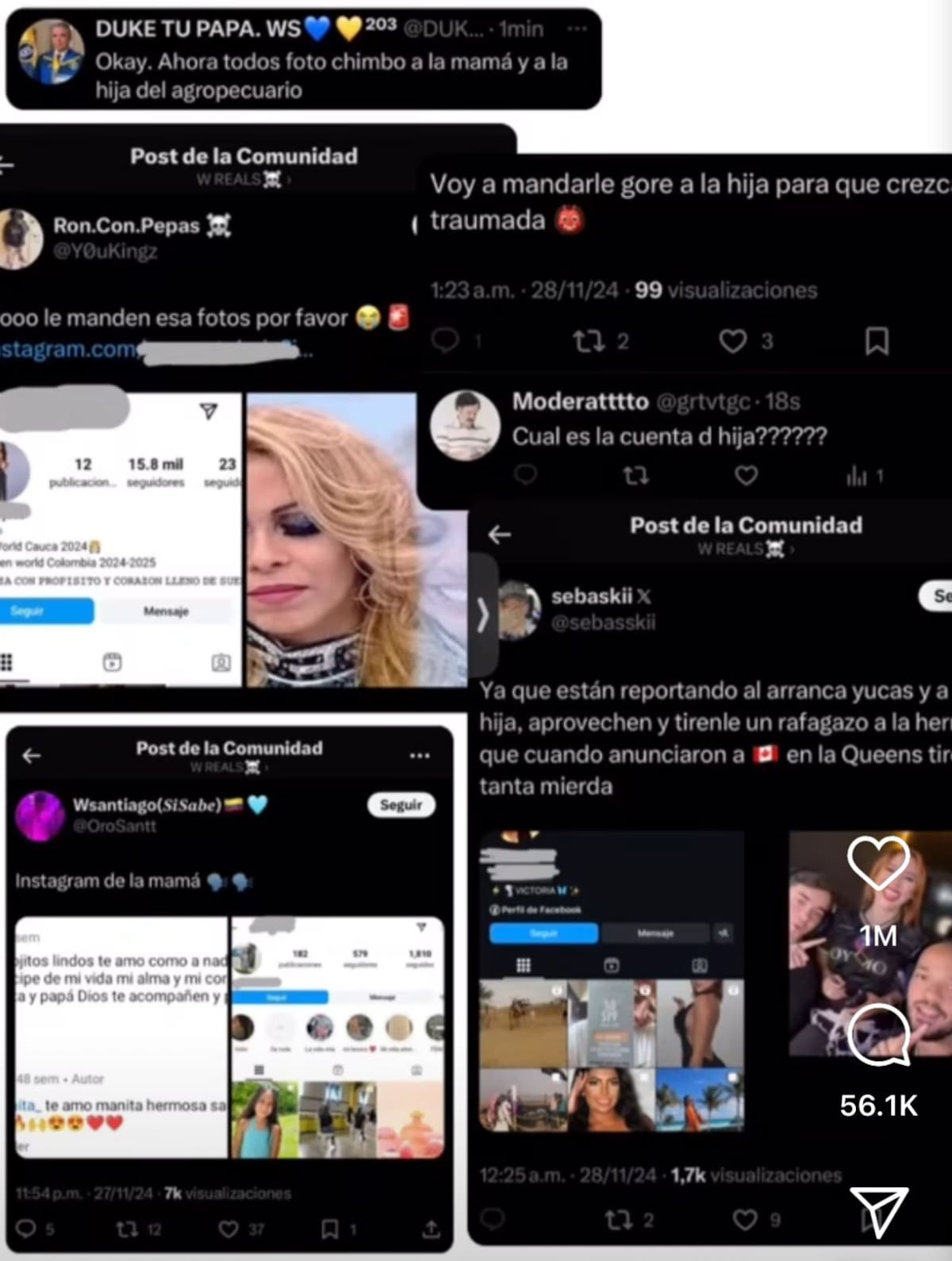 Mensajes de acoso de la comunidad de WestCol a la familia del novio de Aída Victoria. //Foto: Tomada de redes sociales.