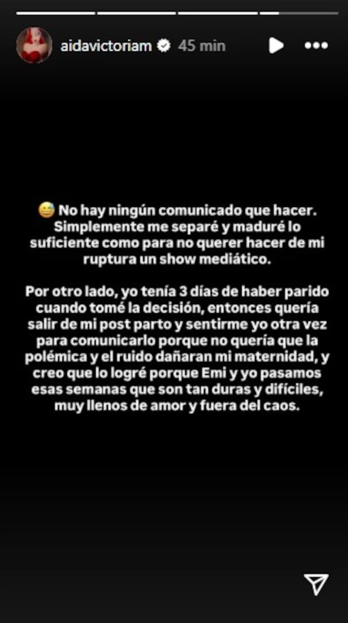 Comunicado oficial de Aída Victoria sobre su ruptura con Juan David Tejada. //Foto: IG @aidavictoriam.