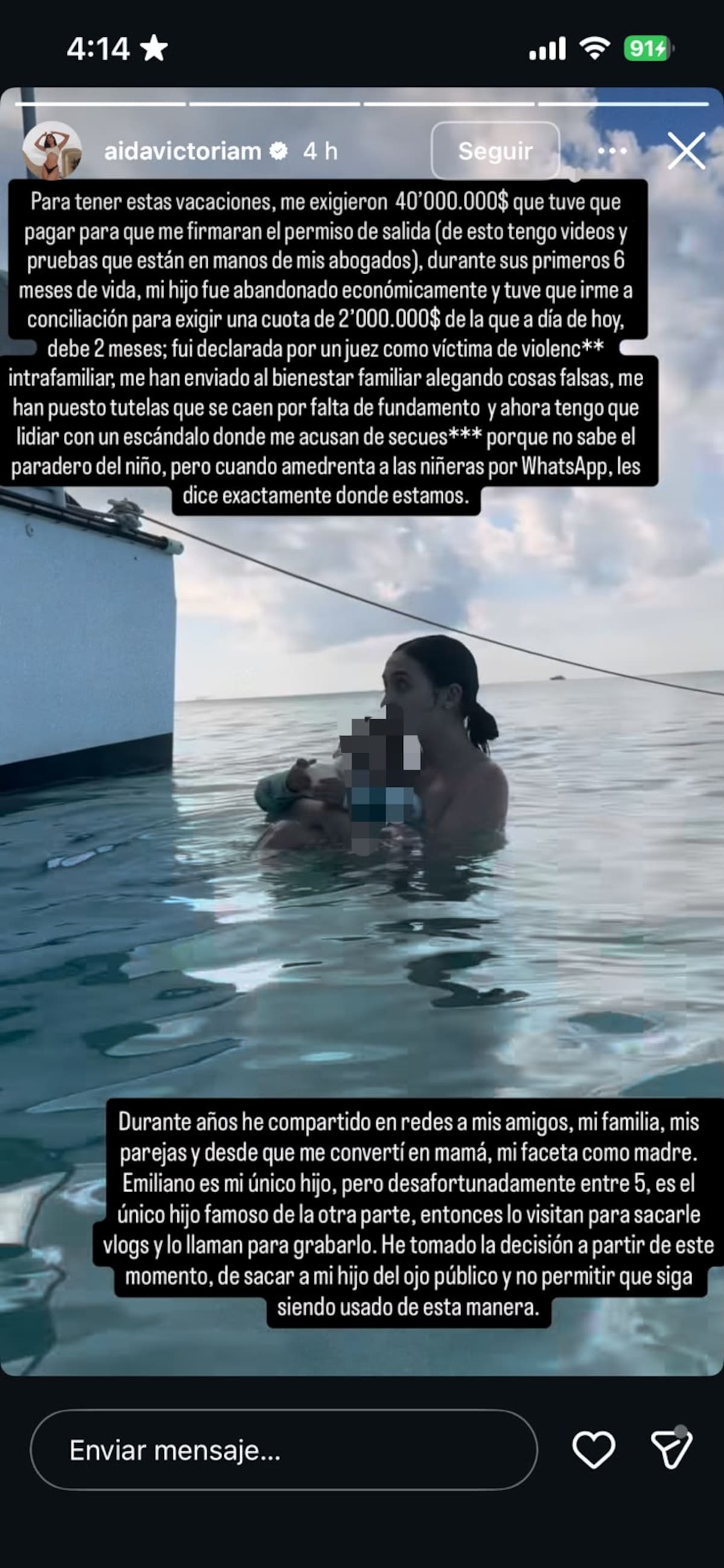 Mensaje de Aida Victoria Merlano en su red social de IG. //Foto captura de pantalla I@aidavictoriam