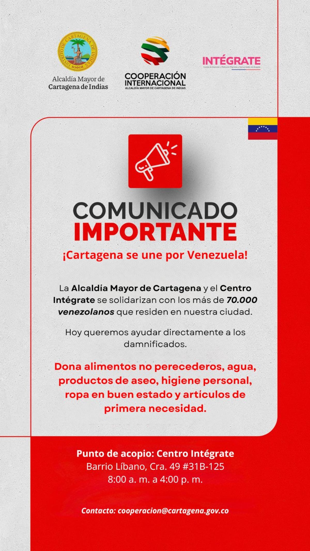 Alcaldía de Cartagena recolecta alimentos y suministros para afectados por terremotos en Venezuela. // Foto: cortesía de la Alcaldía de Cartagena