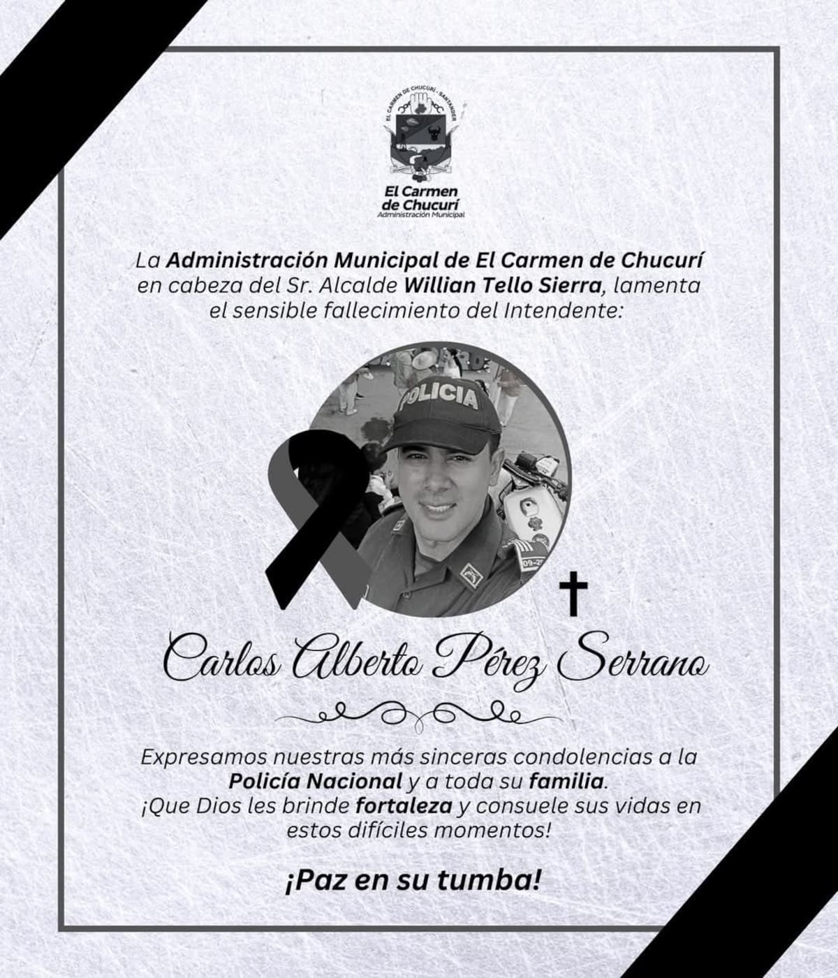Pronunciamiento de la Alcaldía de El Carmen de Chucurí sobre muerte de intendente de la Policía. //Cortesía