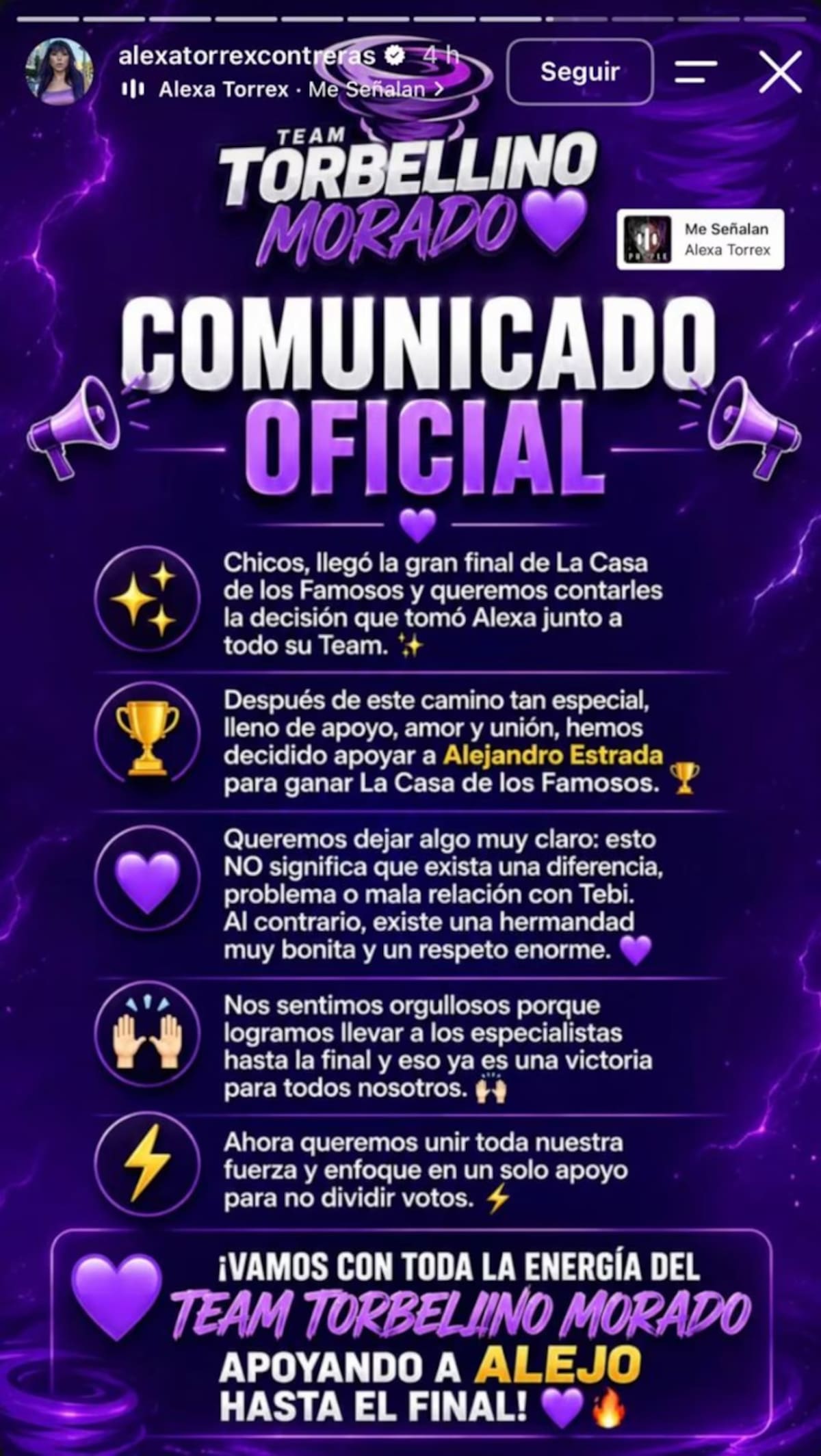 Alexa Torrex anuncia que su team apoyará a Alejandro Estrada. //Foto: IG @alexatorrexcontreras.