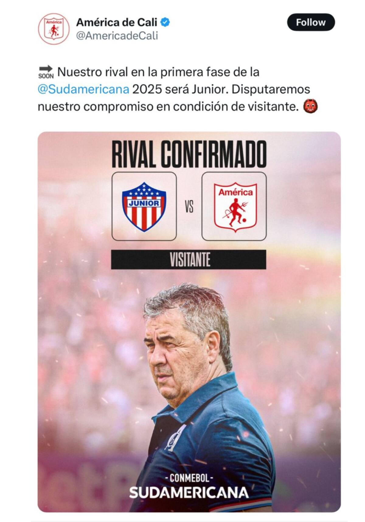 América de Cali confirmó en sus redes sociales el partido ante Junior por Copa Sudamericana.//Cortesía.