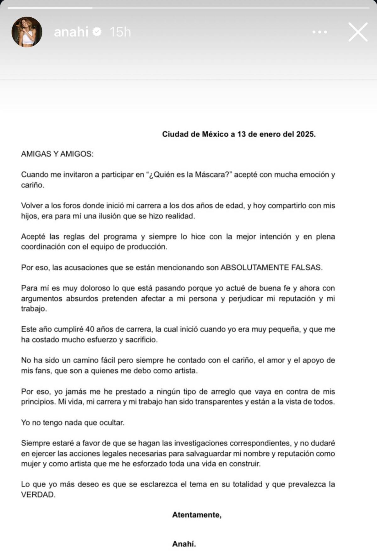 Declaraciones de Anahí tras acusaciones de fraude en el programa mexicano '¿Quién es la máscara?'. //Foto: tomada de redes sociales.
