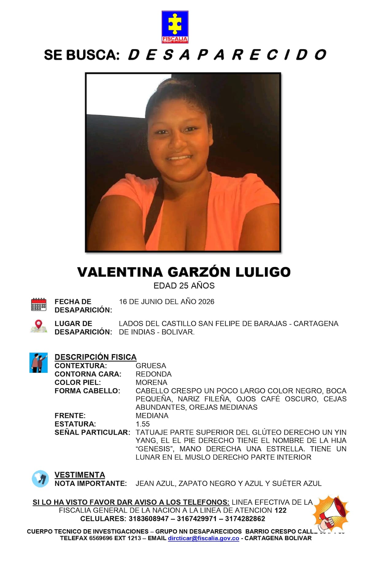 Angustia por la desaparición de Valentina Garzón: su familia la busca desde hace varios días. // Foto: Fiscalía General de la Nación