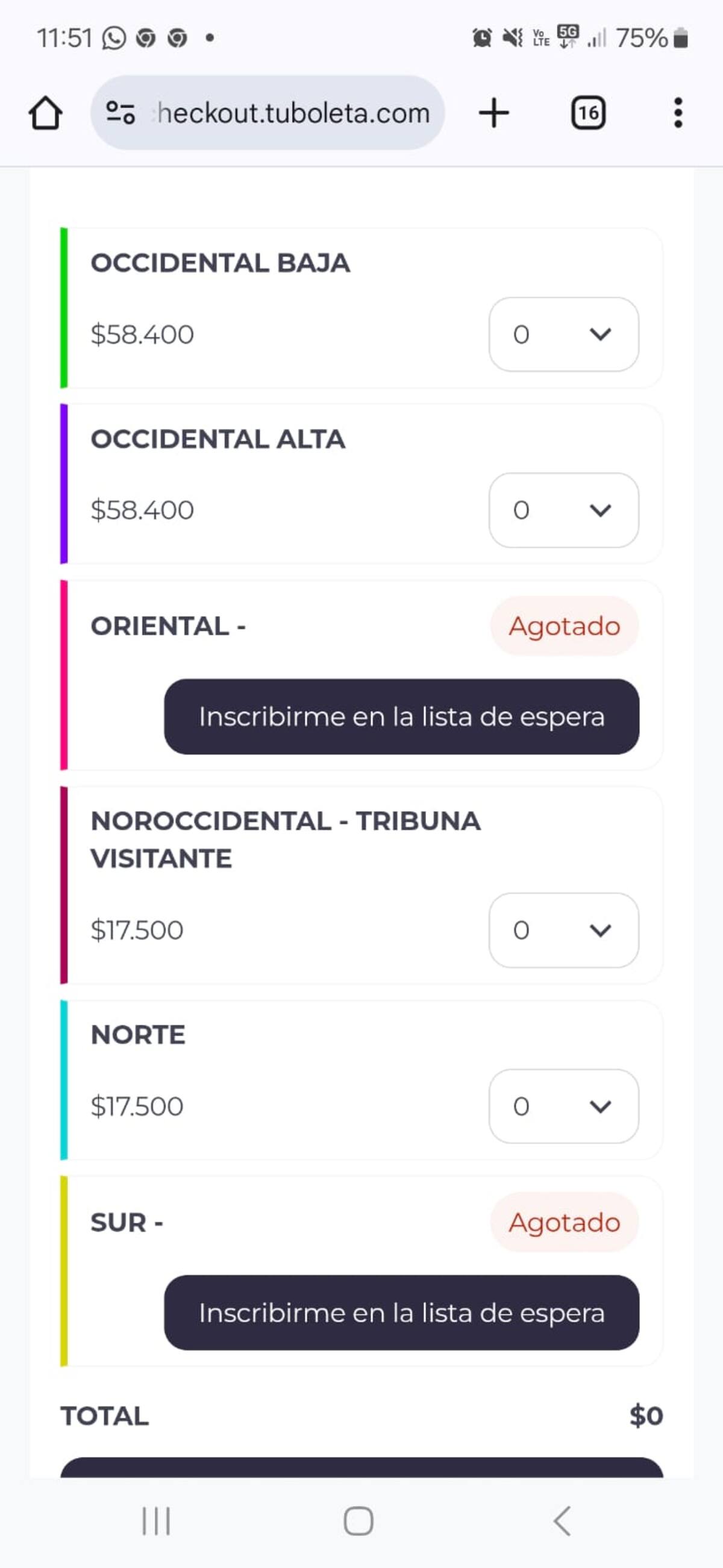 Aquí se nota que la Tribuna Oriental y Sur están agotadas en la página. // PANTALLAZO