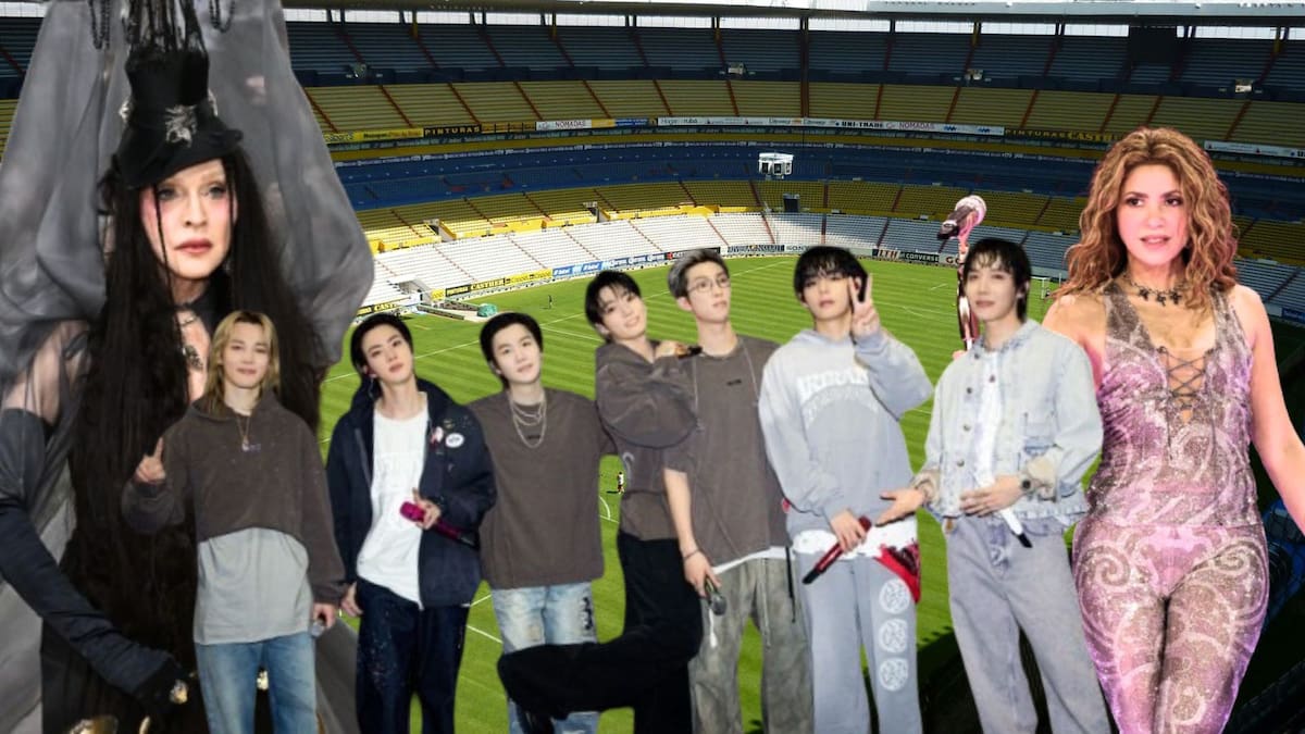 Madonna, BTS y Shakira están confirmados para el Mundial. // Fotos: Campo: Pexel - Shakira: Cortesía - Madonna: AP - BTS: IG @Bighit - @Thv