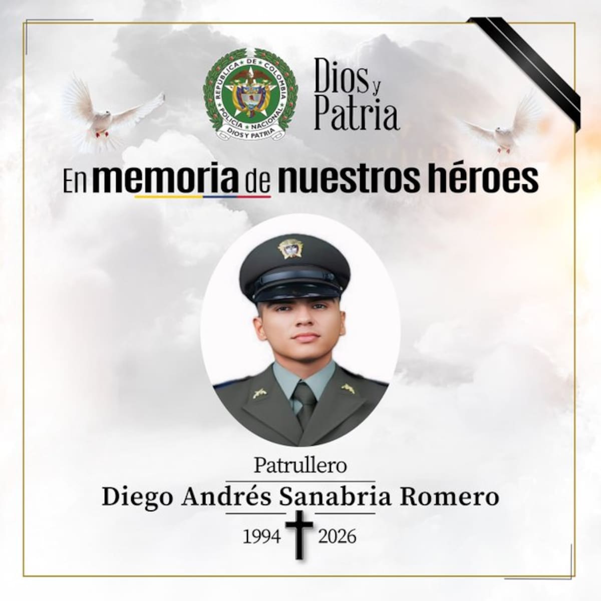 El patrullero Diego Andrés Sanabria Romero murió durante un ataque armado en la subestación de Policía La Marina, en zona rural de Tuluá, Valle del Cauca. // FOTO: @POLICÍACOLOMBIA.