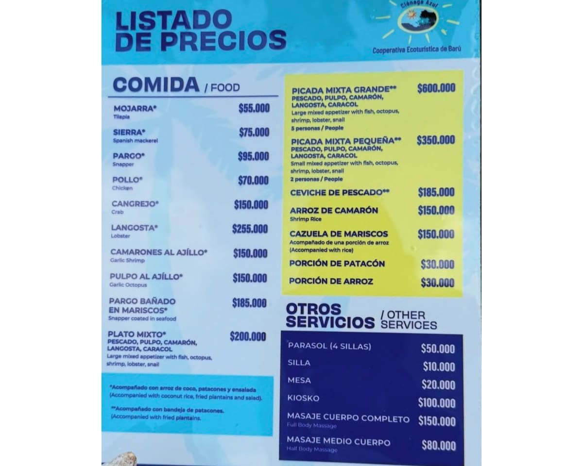 Así quedaron los precios de alimentos y bebidas en la isla de Barú. // Foto: redes sociales