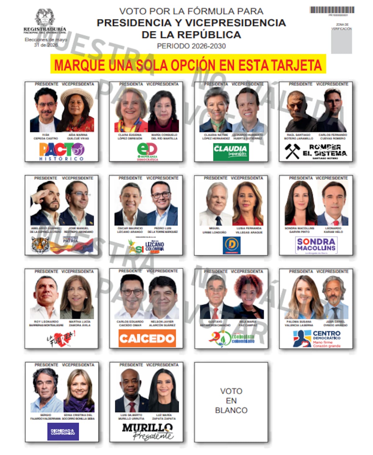 Así quedó la posición de candidatos en la tarjeta electoral para las elecciones presidenciales del 31 de mayo. // Foto: X - @Registraduria