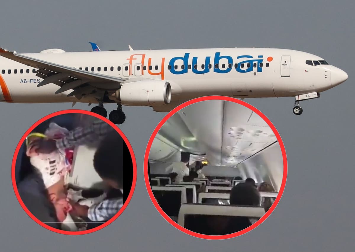 Imagen diseñada con foto de archivo de un avión de la aerolínea emiratí Flydubai y pantallazos de videos en la red social X. //EFE - ABIR SULTAN - Monitoreo en redes sociales.