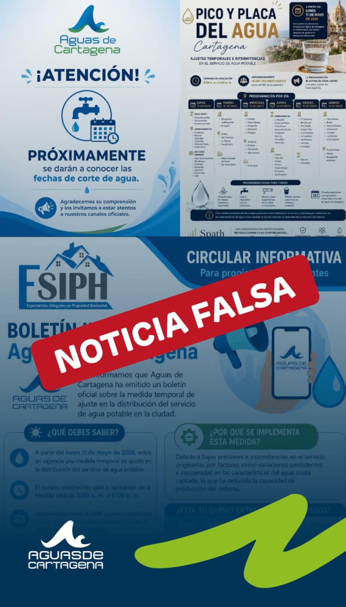 Aguas de Cartagena advirtió que están circulando avisos falsos que no corresponden a información de origen oficial. // Acuacar