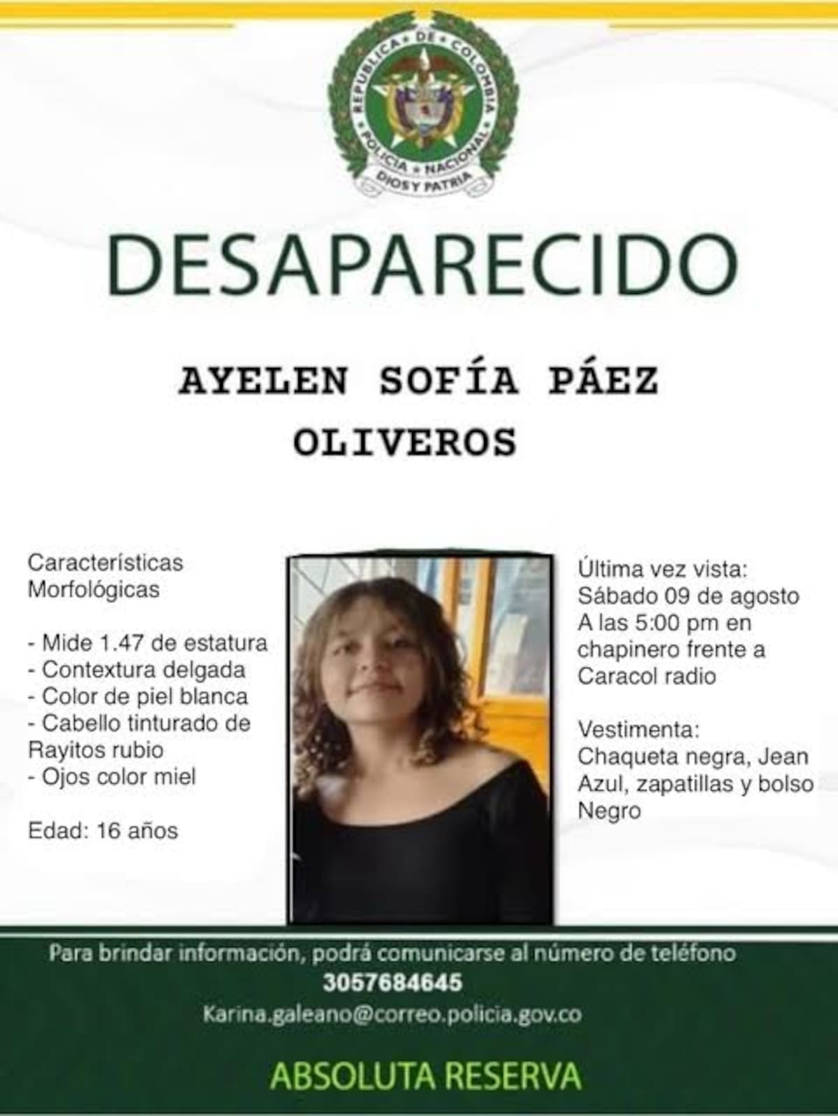 Circular emitida por la Policía Nacional tras la desaparición de Ayelén Sofía Páez, de 16 años, en Bogotá. //FOTO: POLICÍA NACIONAL.