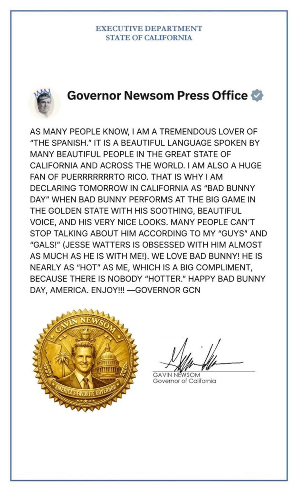 Comunicado oficial del gobernador de California sobre el "Día de Bad Bunny".