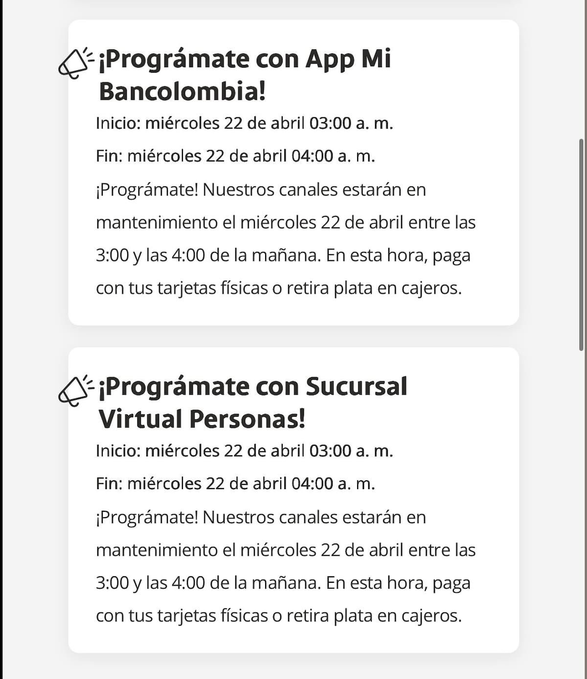 Bancolombia realizará mantenimientos a algunos servicios del 19 al 22 de abril. // Foto: captura de pantalla