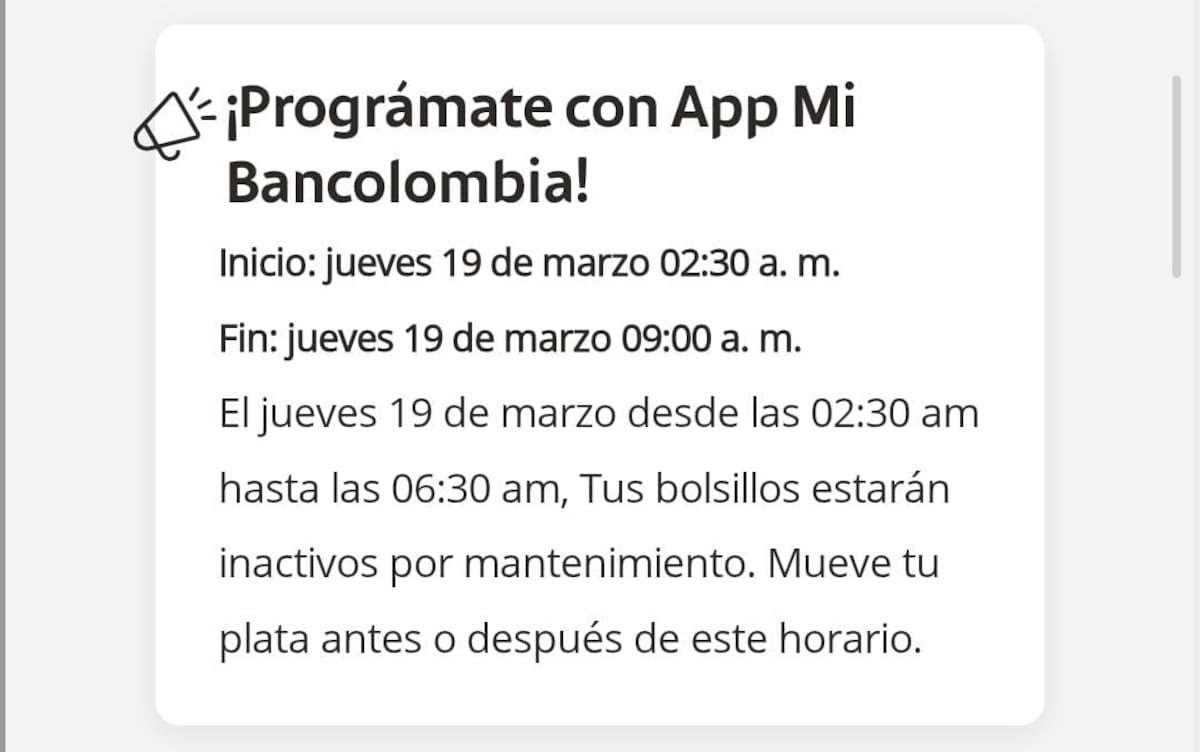 Bancolombia informó que realizará mantenimiento en sus canales digitales en los próximos días // Captura de Pantalla - Bancolombia.