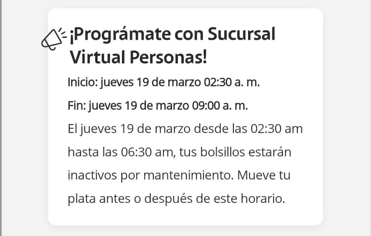 Conoce la fecha y el horario de la suspensión de servicios en los canales digitales de Bancolombia en marzo de 2026 // Captura de pantalla - App Bancolombia.