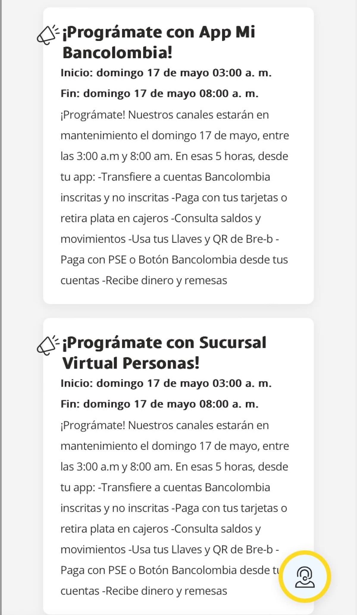 Bancolombia confirmó cortes temporales en sus plataformas digitales. // Foto: captura de pantalla