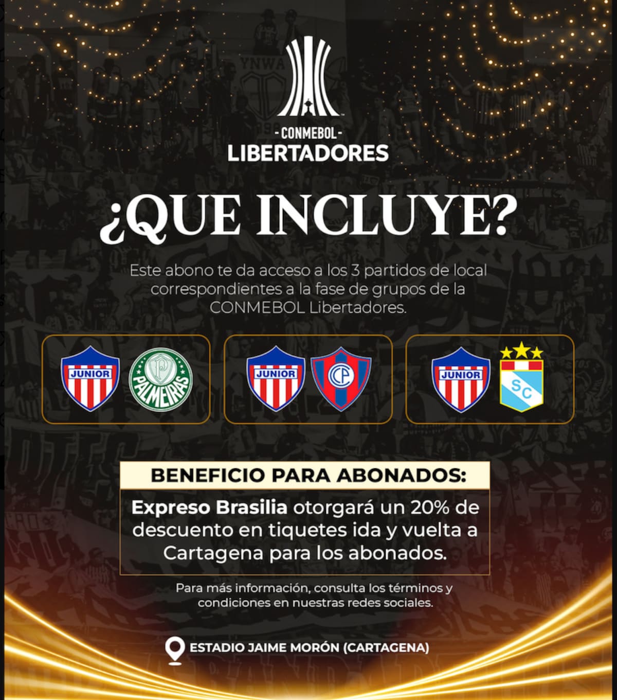 Beneficio que adquiere quien compre un abono para ver los partidos de Junior por Copa Conmebol Libertadores en el estadio Jaime Morón de Cartagena.//Cortesía @JuniorClubSA.
