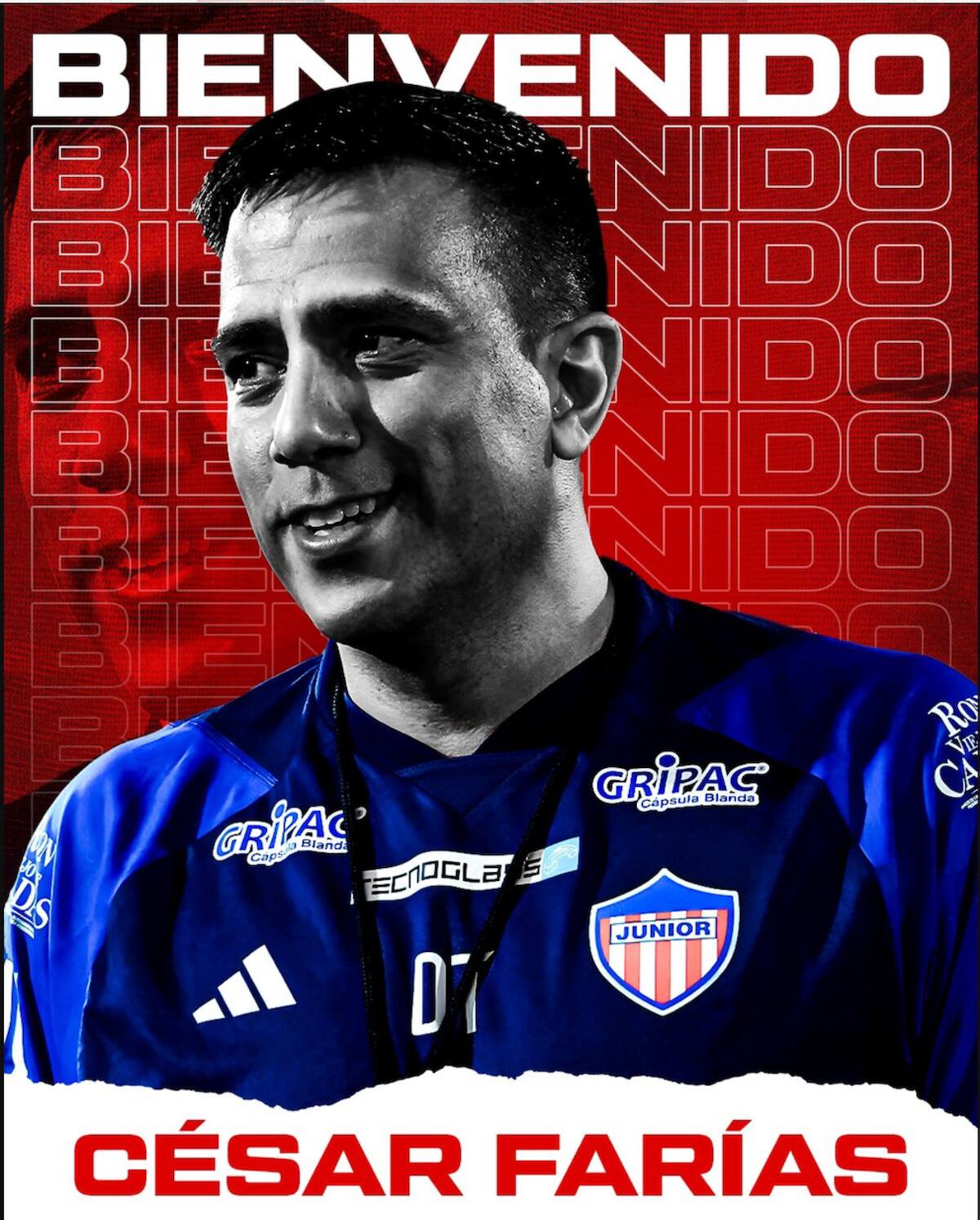 Este es el afiche de bienvenido que Junior de Barranquilla le hizo a su nuevo entrenador César Farías Acosta.